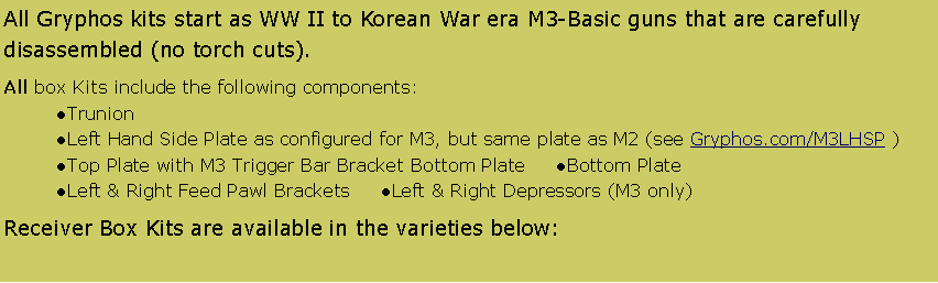 Text Box: All Gryphos kits start as WW II to Korean War era M3-Basic guns that are carefully disassembled (no torch cuts). All box Kits include the following components:●Trunion●Left Hand Side Plate as configured for M3, but same plate as M2 (see Gryphos.com/M3LHSP )●Top Plate with M3 Trigger Bar Bracket Bottom Plate     ●Bottom Plate●Left & Right Feed Pawl Brackets     ●Left & Right Depressors (M3 only)Receiver Box Kits are available in the varieties below: